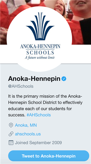 Screenshot of Anoka-Hennepin's verified Twitter account profile